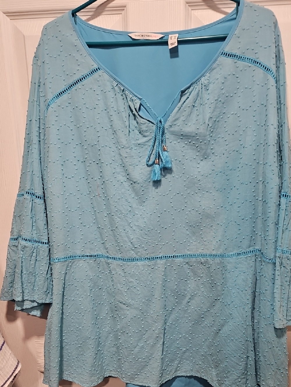 Isaac Mizrahi Sky Blue Textured Tassel Blouse